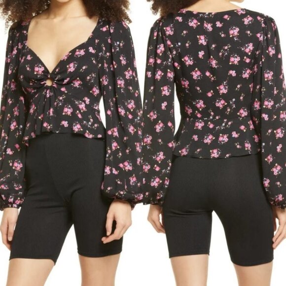 NEW AFRM Hart Floral Print Peplum Cutout Top Bohemian Nordstrom Bell Sleeve Boho - Picture 14 of 14